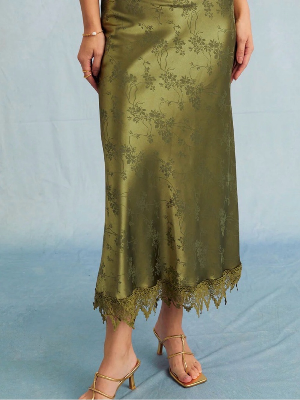 NWT Rihoas Olive Green Jacquard Cap Sleeve Satin Midi Dress XL Cottagecore - Picture 4 of 11
